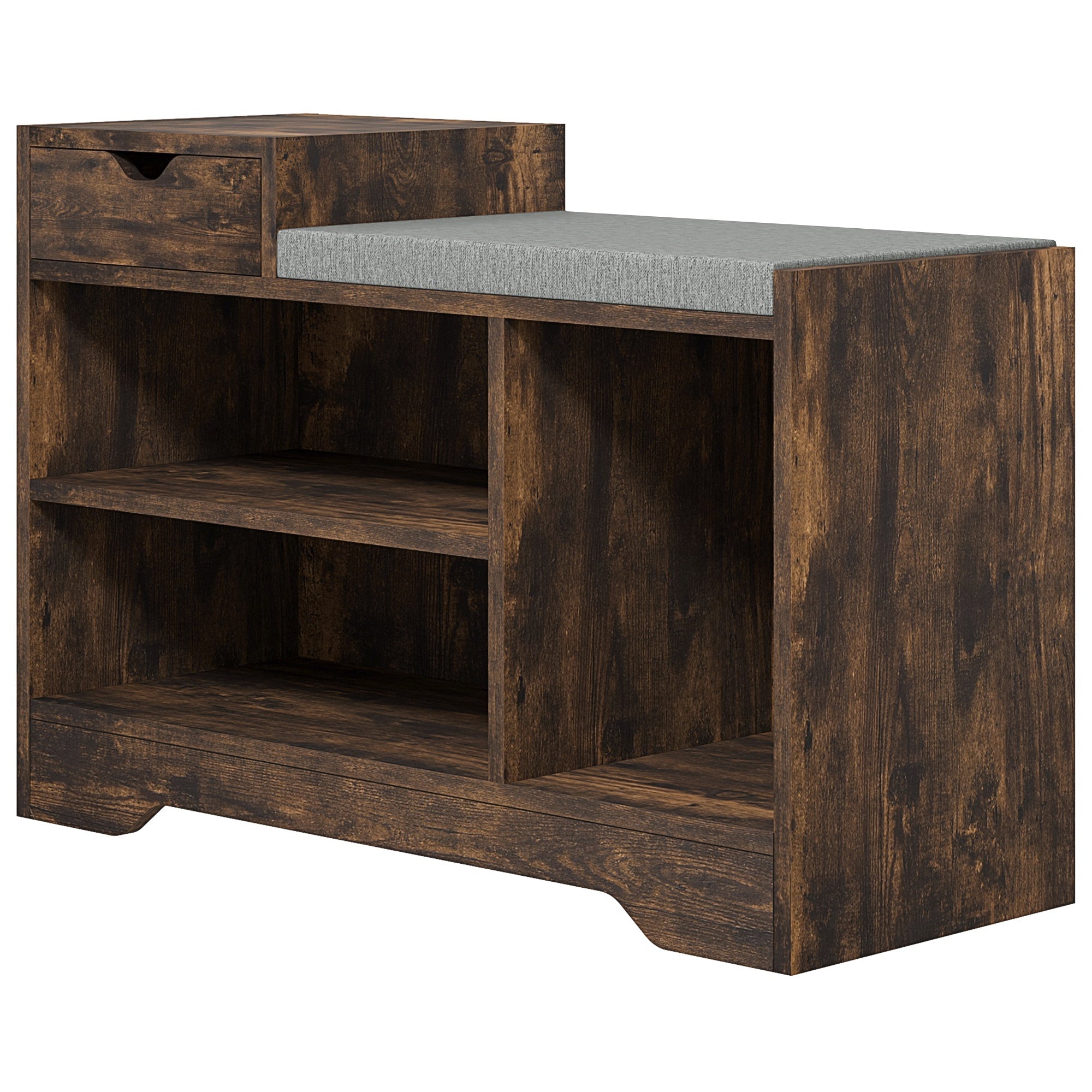Multi-Compartment Shoe Bench, with Seat - Rustic Brown