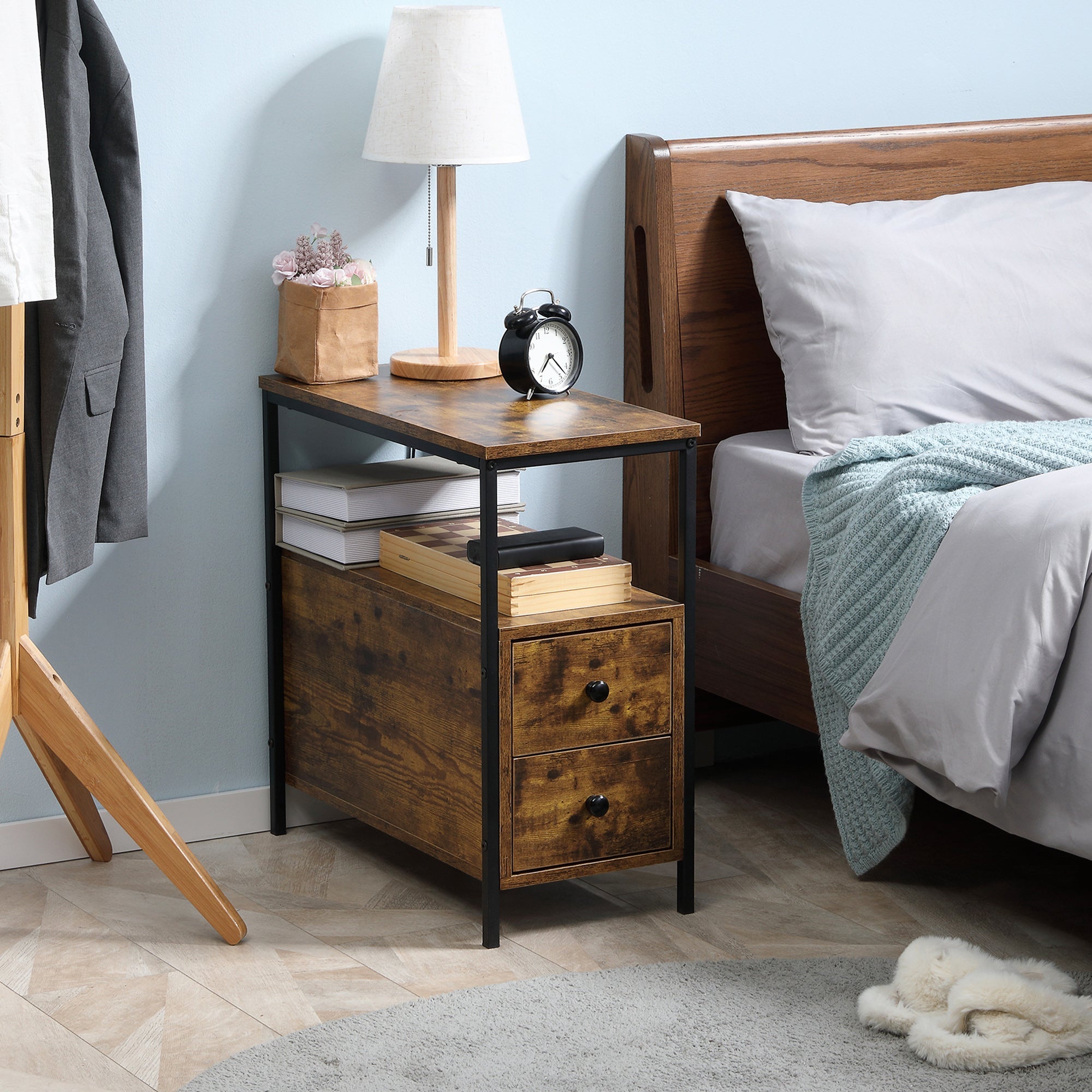 Side Table, Narrow Bedside Table with 2 Drawers and Storage Shelf, Industrial End Table with Metal Frame for Small Spaces, Rustic Brown