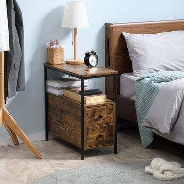 Side Table, Narrow Bedside Table with 2 Drawers and Storage Shelf, Industrial End Table with Metal Frame for Small Spaces, Rustic Brown