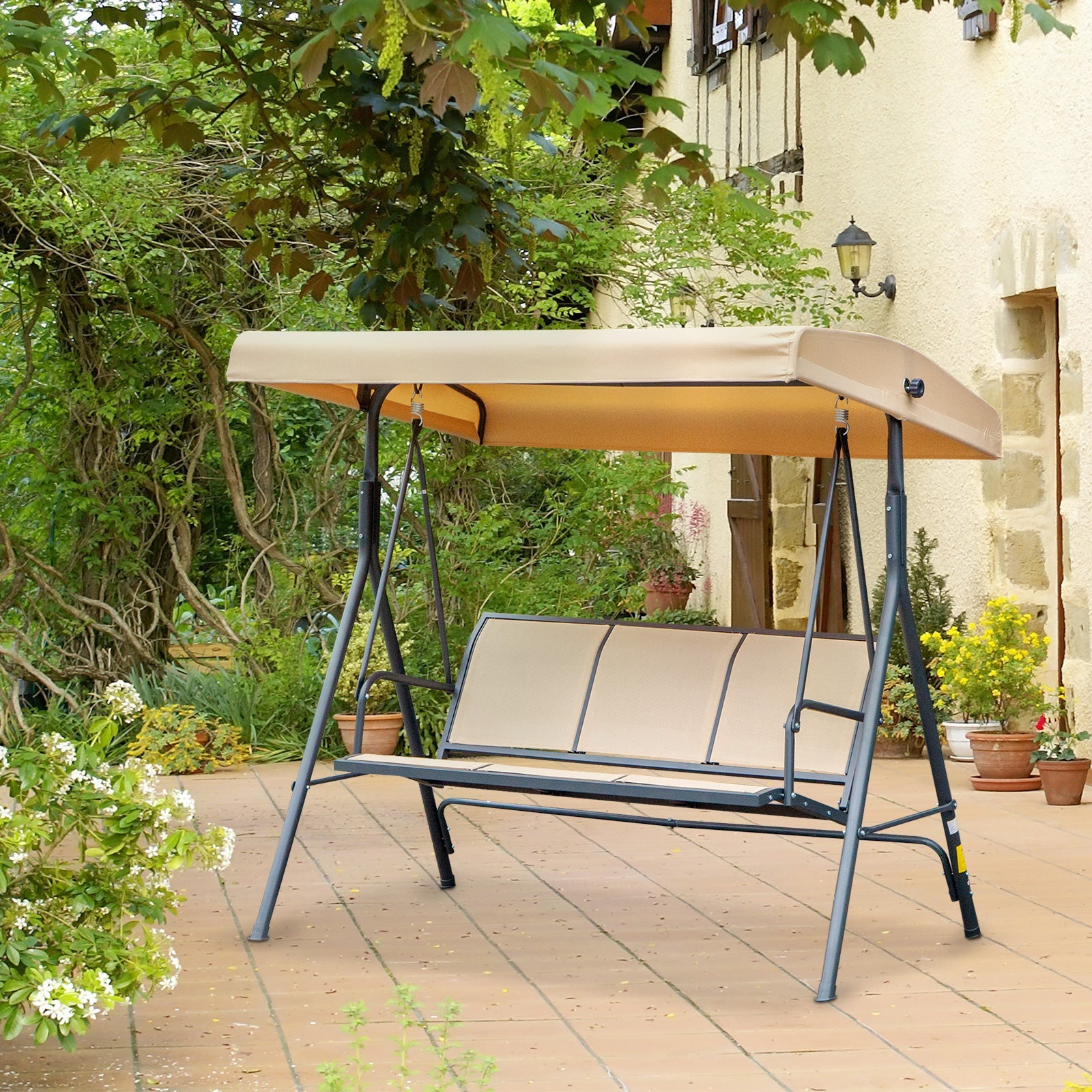 3 Seater Swing Chair, Garden Swing Bench with Canopy, Breathable Mesh Seat and Heavy Duty Steel Frame for Patio, Yard, Beige