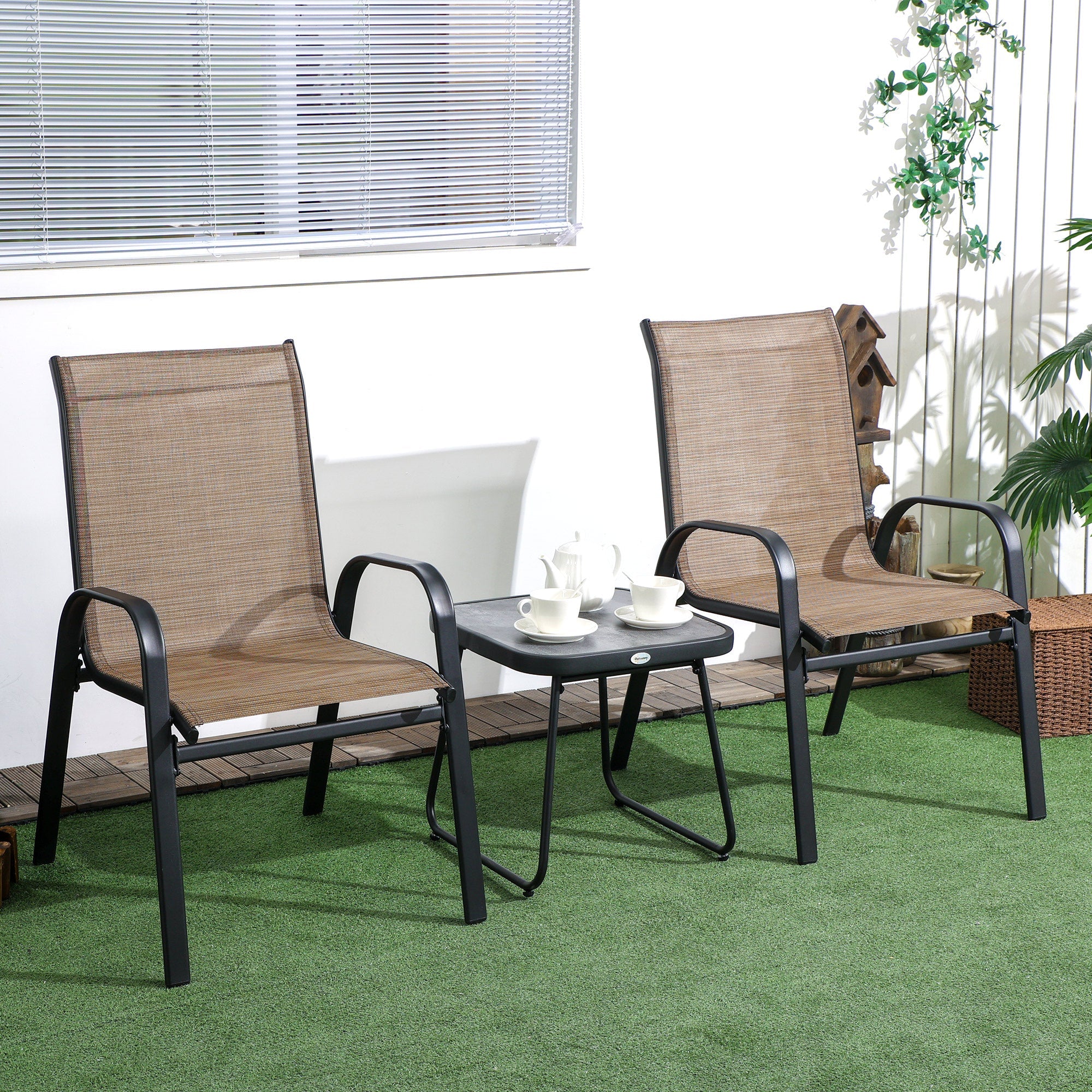 3 Pieces Outdoor Bistro Set, Patio Stackable Armchairs with Breathable Mesh Fabric and SPC Board Coffee Table, Brown