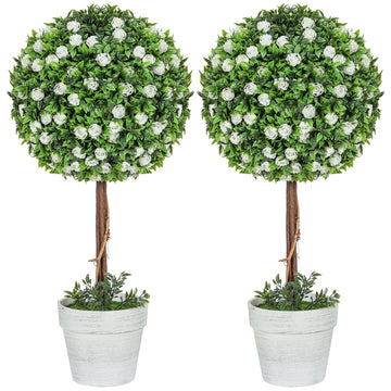 Set of 2 Decorative Artificial Plants, Ball Topiary Tree with Rose Flower in Pot, Fake Plants for Home Indoor Outdoor Decor, 60cm, White