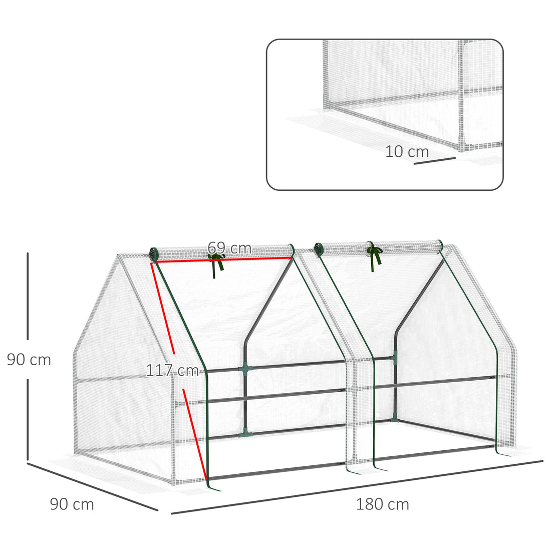 Mini Small Greenhouse with Steel Frame & PE Cover & Zipped Window Poly tunnel Steeple for Plants Vegetables, 180 x 90 x 90 cm, White