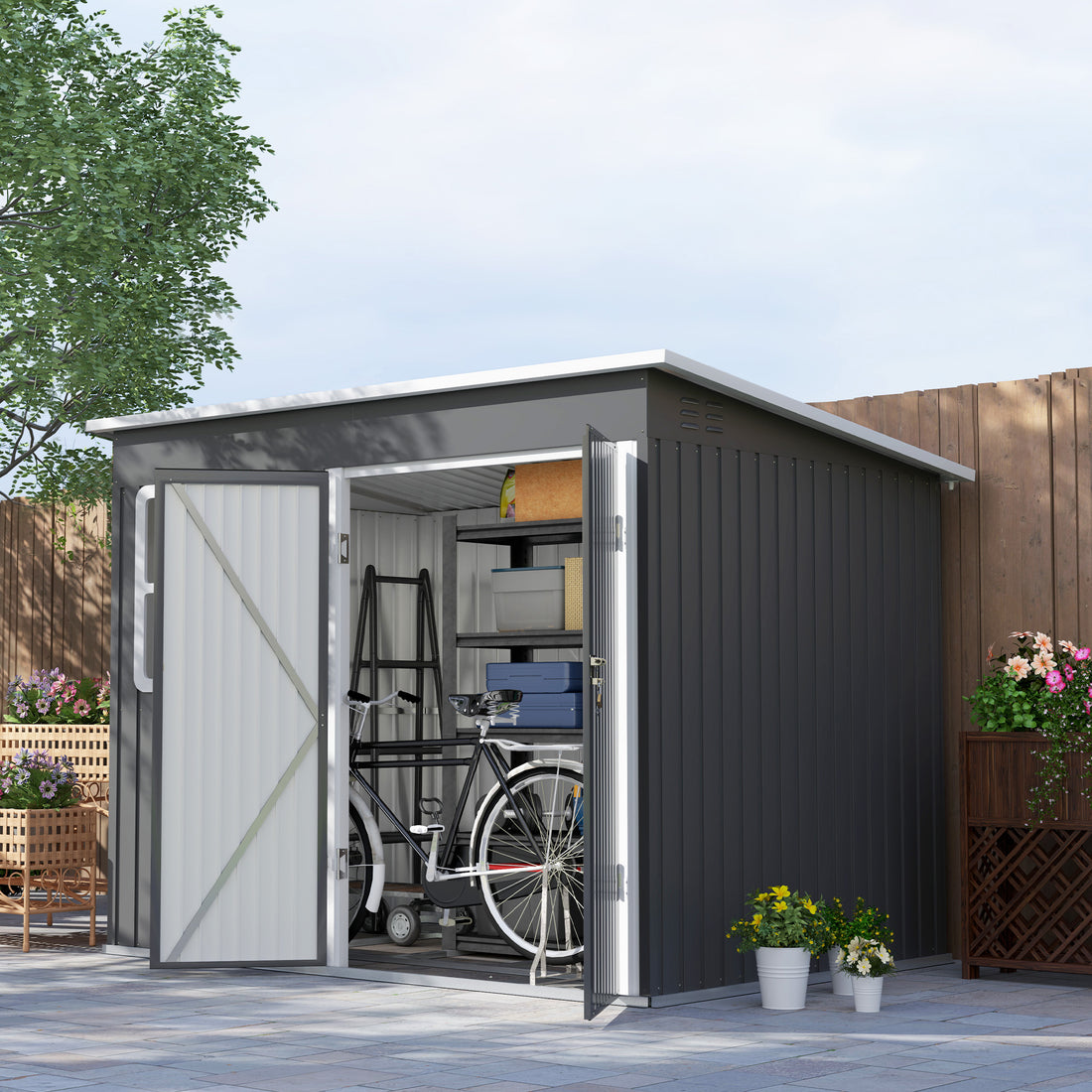 8.5 x 6ft Storage Shed Galvanised Steel Garden Shed, Metal Shed with Foundation Kit, Window, Lockable Wide Doors and Air Vents for Outdoor Patio, Dark Grey