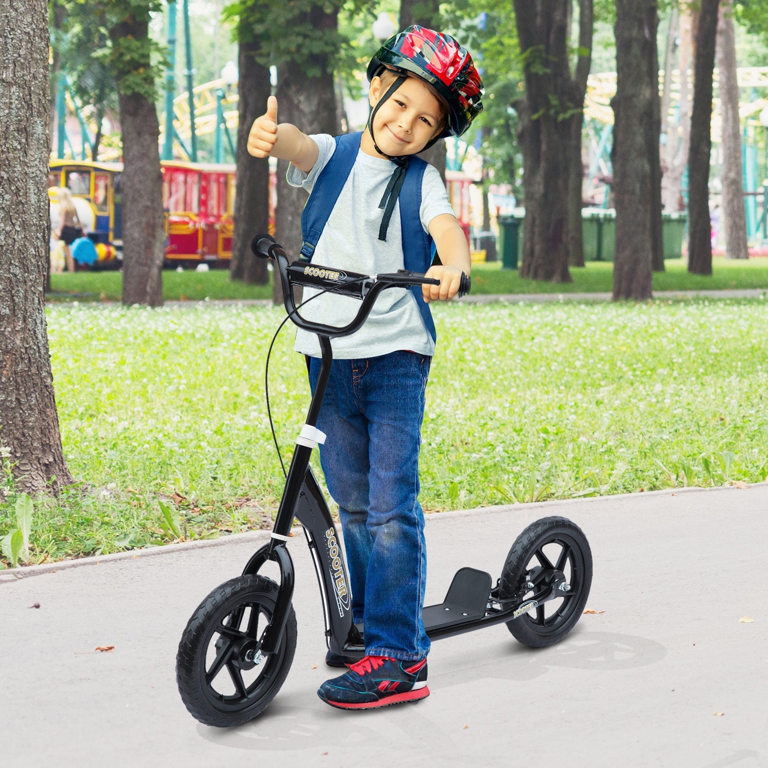 Kids Scooter Kick Scooter with 12" EVA Tyres, Rear Brake, Big Wheels Scooter for 5-12 Years Old, Black