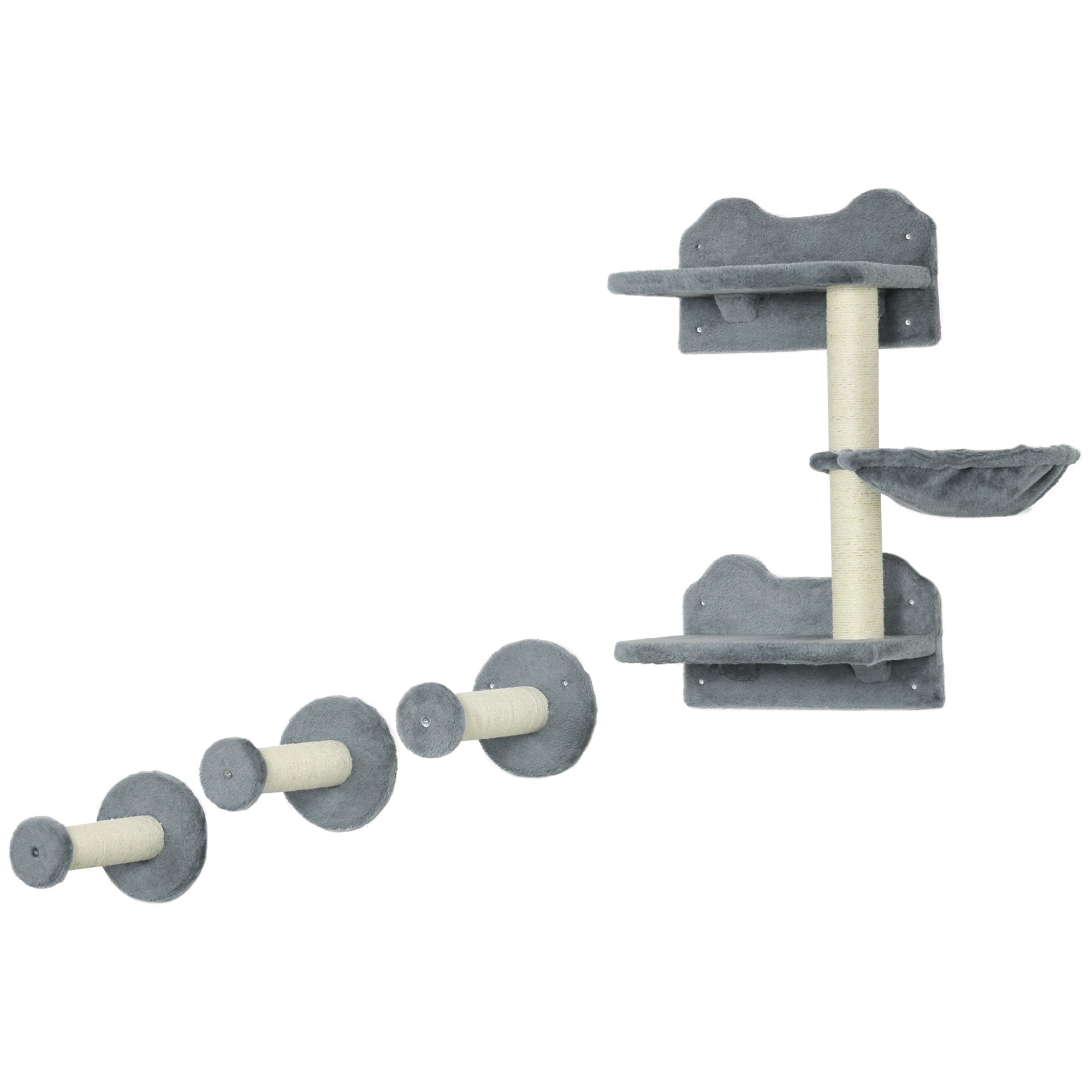 4 Piece Cat Shelf with Scratching Post, Wall-Mounted Cat Tree for Indoor Cat - Grey