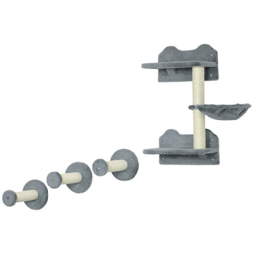 4 Piece Cat Shelf with Scratching Post, Wall-Mounted Cat Tree for Indoor Cat - Grey
