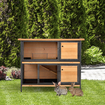 Wooden Metal Guinea Pigs Hutches Pet House Bunny w/ Slide-Out Tray Outdoor Light Yellow,black