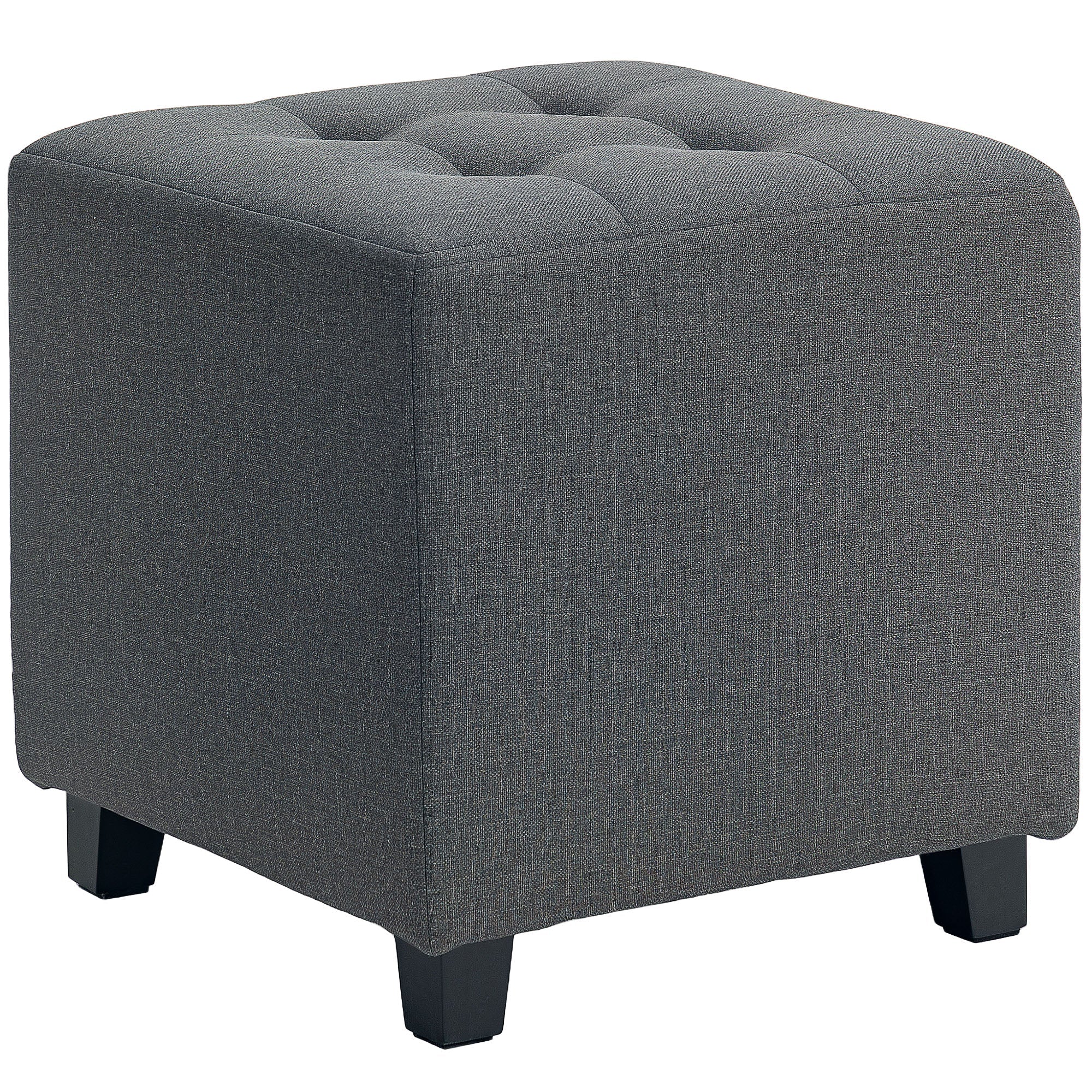 Square Footstool, Small Ottoman with Side Pocket, Linen Fabric Footrest Foot Stool with Rubber Wood Legs and Padded Seat for Living Room, Bedroom, Entryway, 35 x 35 x 35cm, Grey