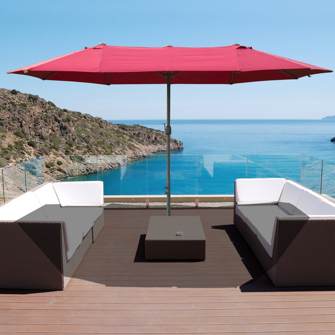 4.6M Sun Umbrella Canopy Double-sided Crank Sun Shade w/ Cross Base Wine Red