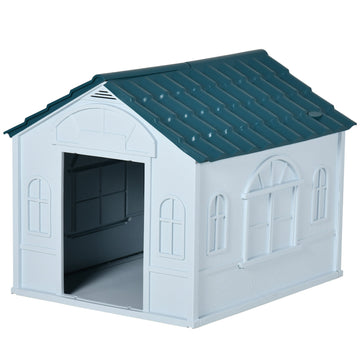 Plastic Weather-Resistant Dog House, for Indoors and Outdoors, Medium Dogs - White and Blue