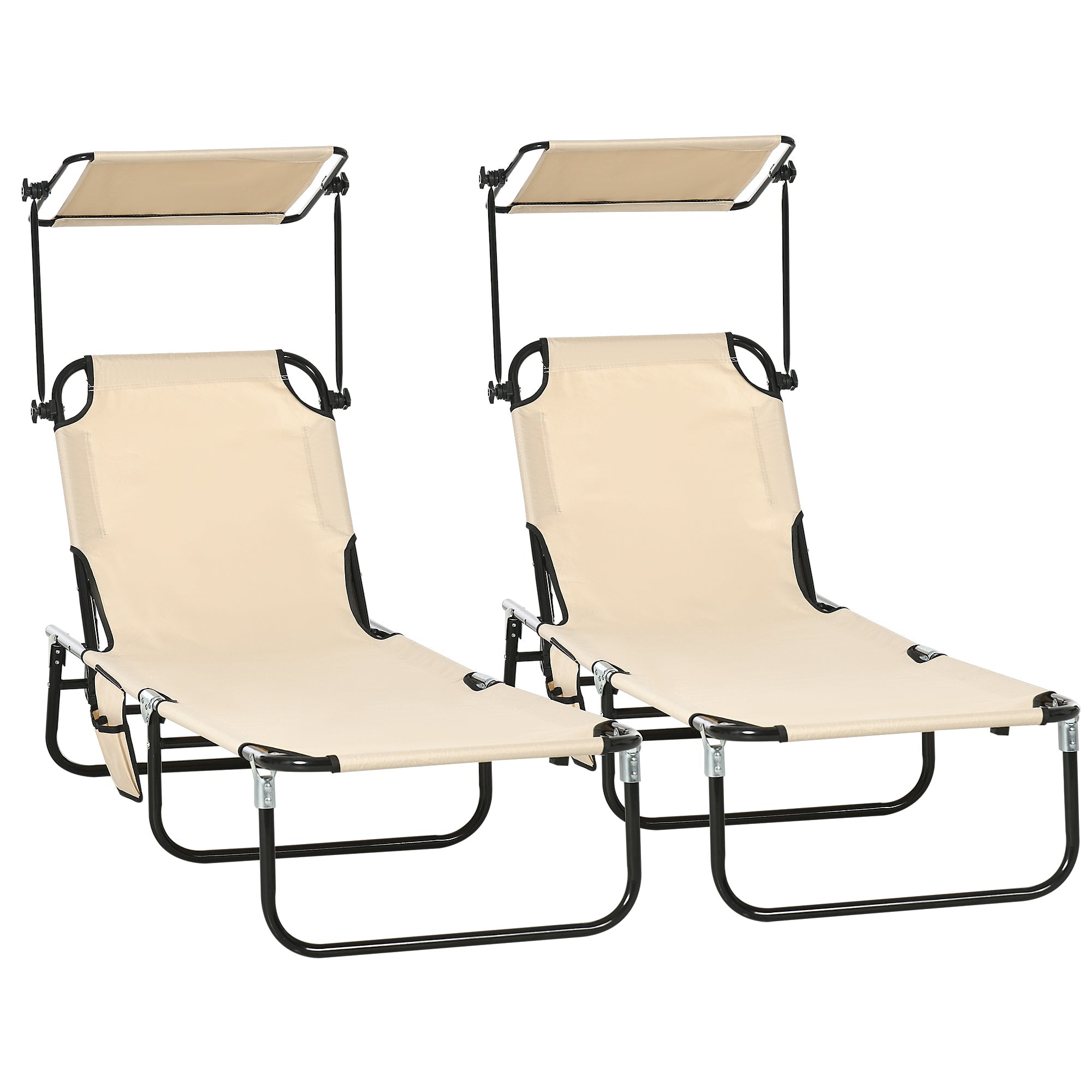 2 Piece Folding Sun Loungers with Canopy, Adjustable Recliner Garden Chairs with Side Pocket, Steel Frame and Breathable Mesh for Outdoor, Pool, Beach, Garden, Tan Brown