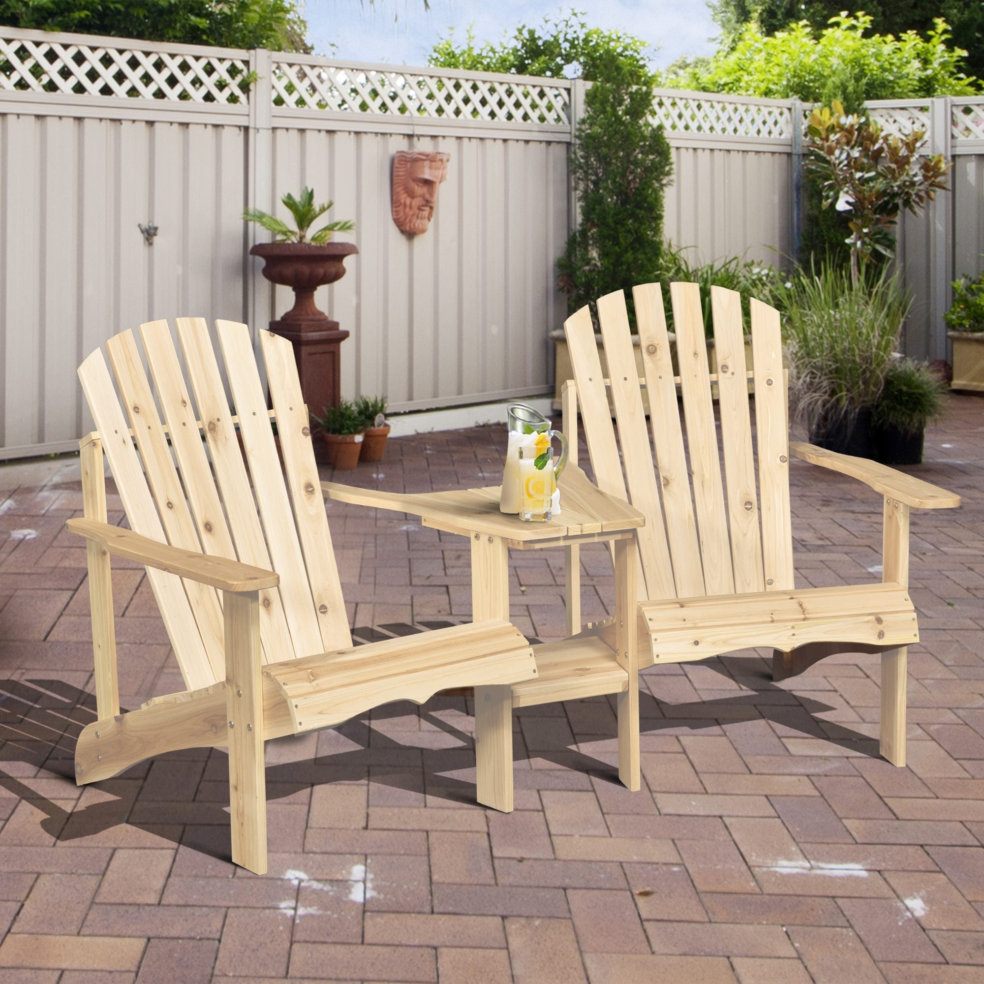 Wooden Outdoor Double Adirondack Chairs Loveseat w/ Centre Table and Umbrella Hole, Garden Patio Furniture for Lounging and Relaxing, Natural