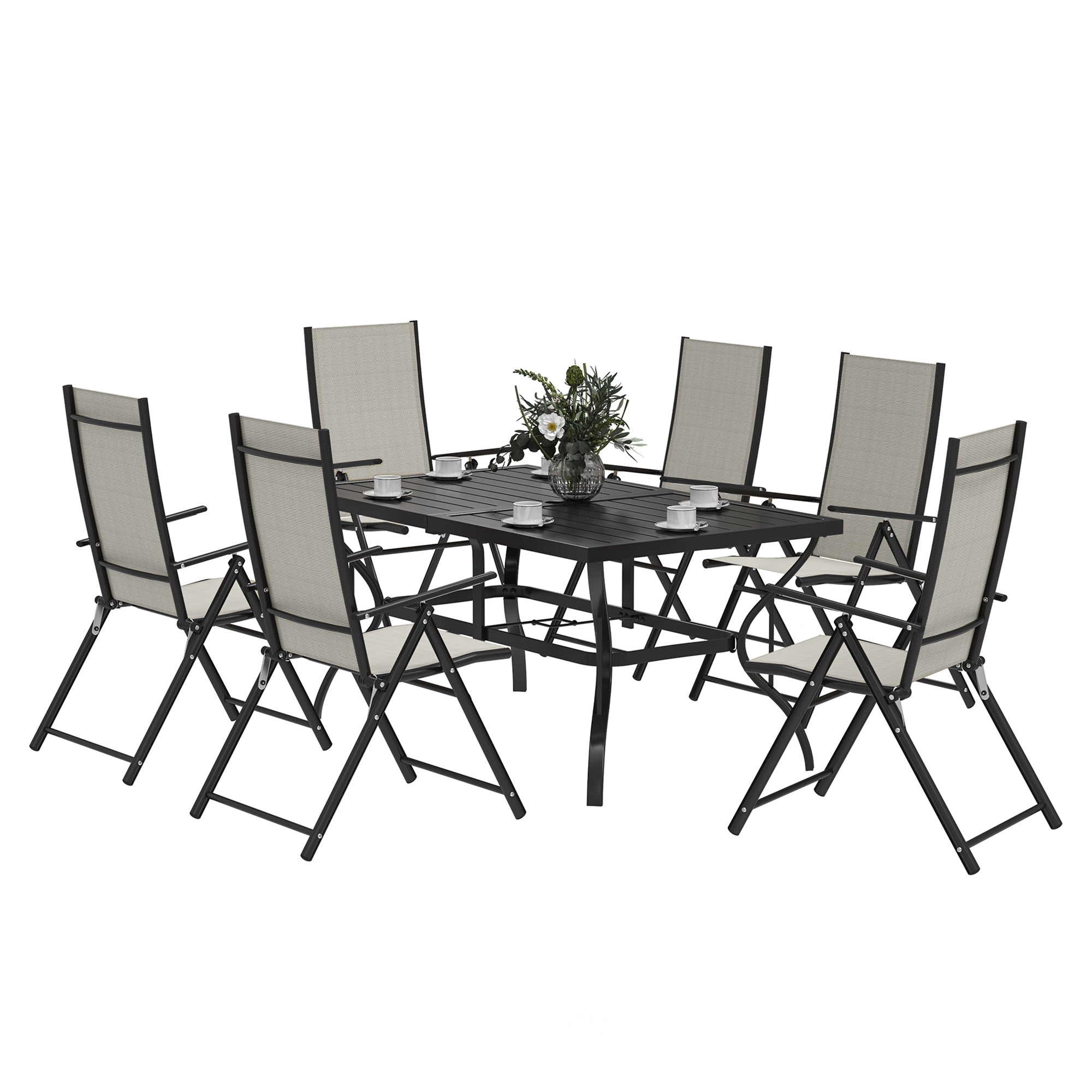 Seven-Piece Steel Outdoor Dining Set, with Parasol Hole - Khaki