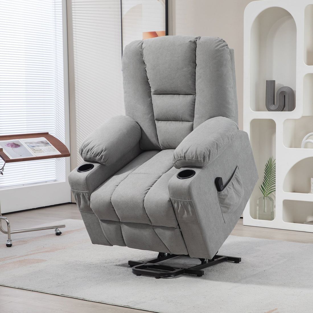 Oversized Riser and Recliner Chairs for the Elderly, Fabric Upholstered Lift Chair for Living Room with Remote Control, Side Pockets, Cup Holder, Light Grey