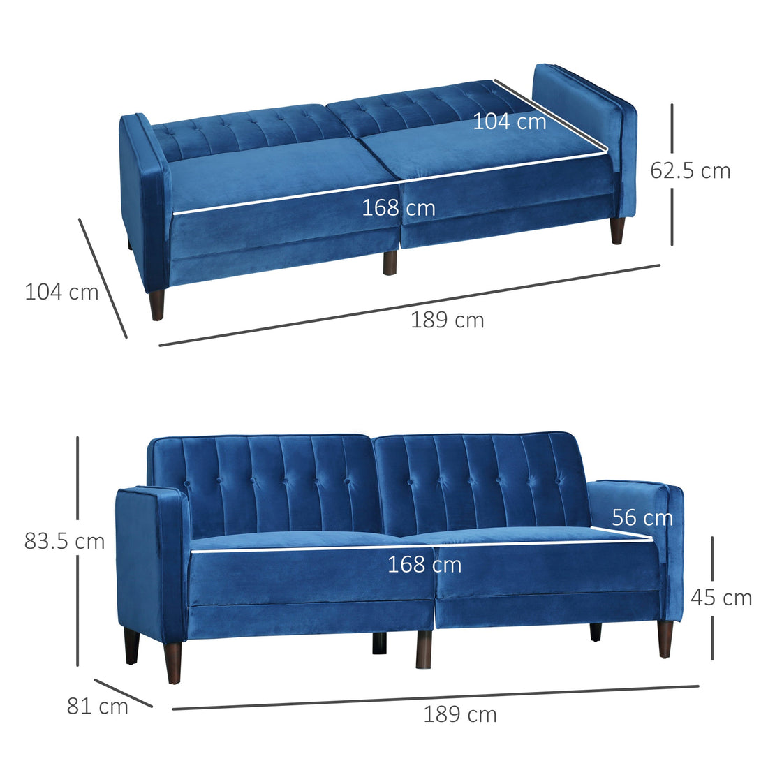 Modern 3 Seater Velvet Sofa Bed, Click Clack Sofa Bed, Button Tufted Sleeper Couch with Split Reclining Backrest and Rubber Wood Legs, Blue