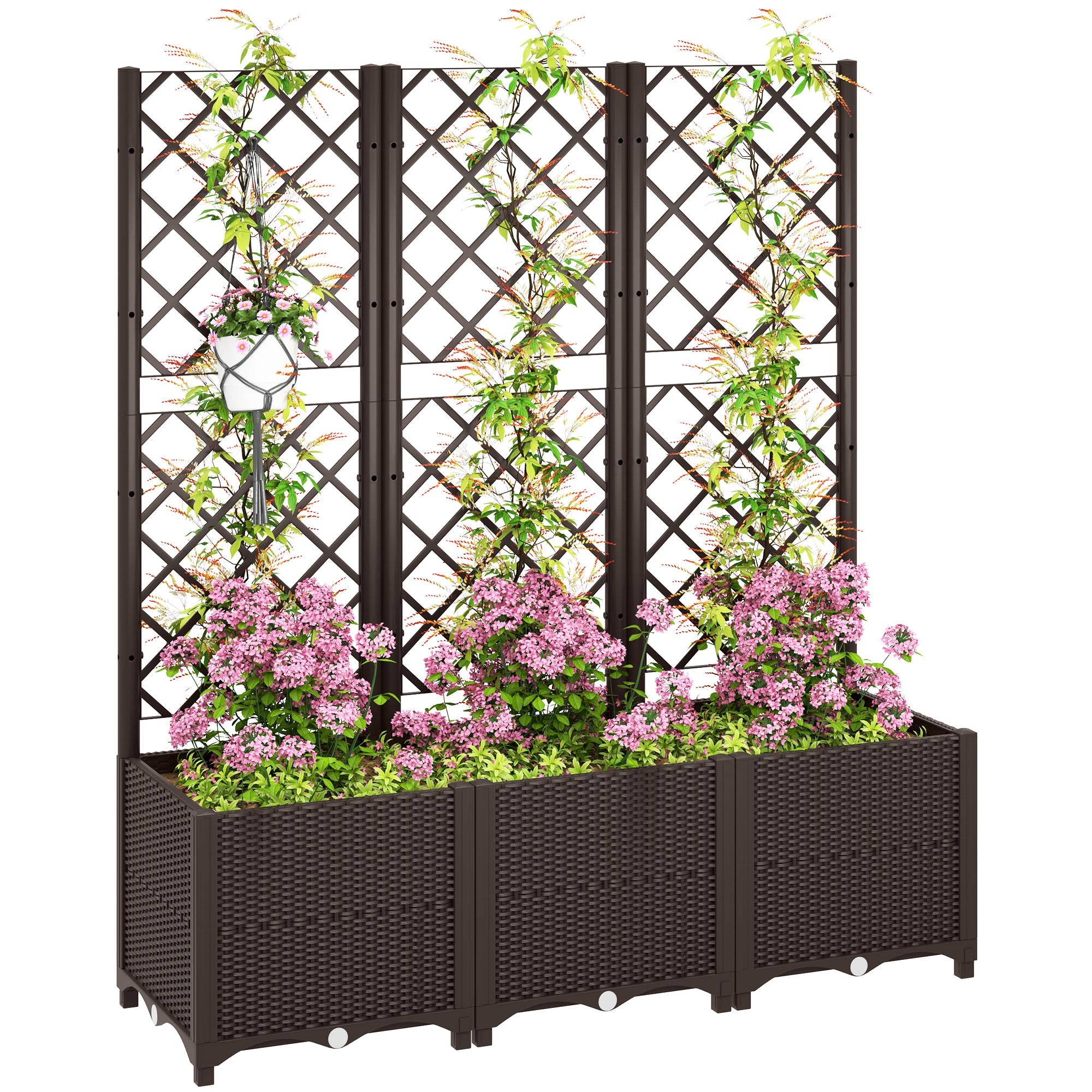 Raised Garden Bed with Trellis, Plastic Planter Box with Drainage Holes and Drain Plugs for Climbing Plants, Vegetables, Flowers, Brown