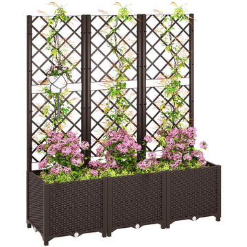 Raised Garden Bed with Trellis, Plastic Planter Box with Drainage Holes and Drain Plugs for Climbing Plants, Vegetables, Flowers, Brown