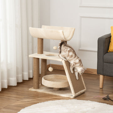 Cat Tree Tower, with Scratching Posts, Pad, Bed, Perch, Toy Ball - Light Brown