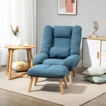 Armchair with Footstool, 180° Recliner with Ottoman, Accent Chair and Footstool with 3-Position Adjustable Backrest and Wooden Legs for Living Room, Blue