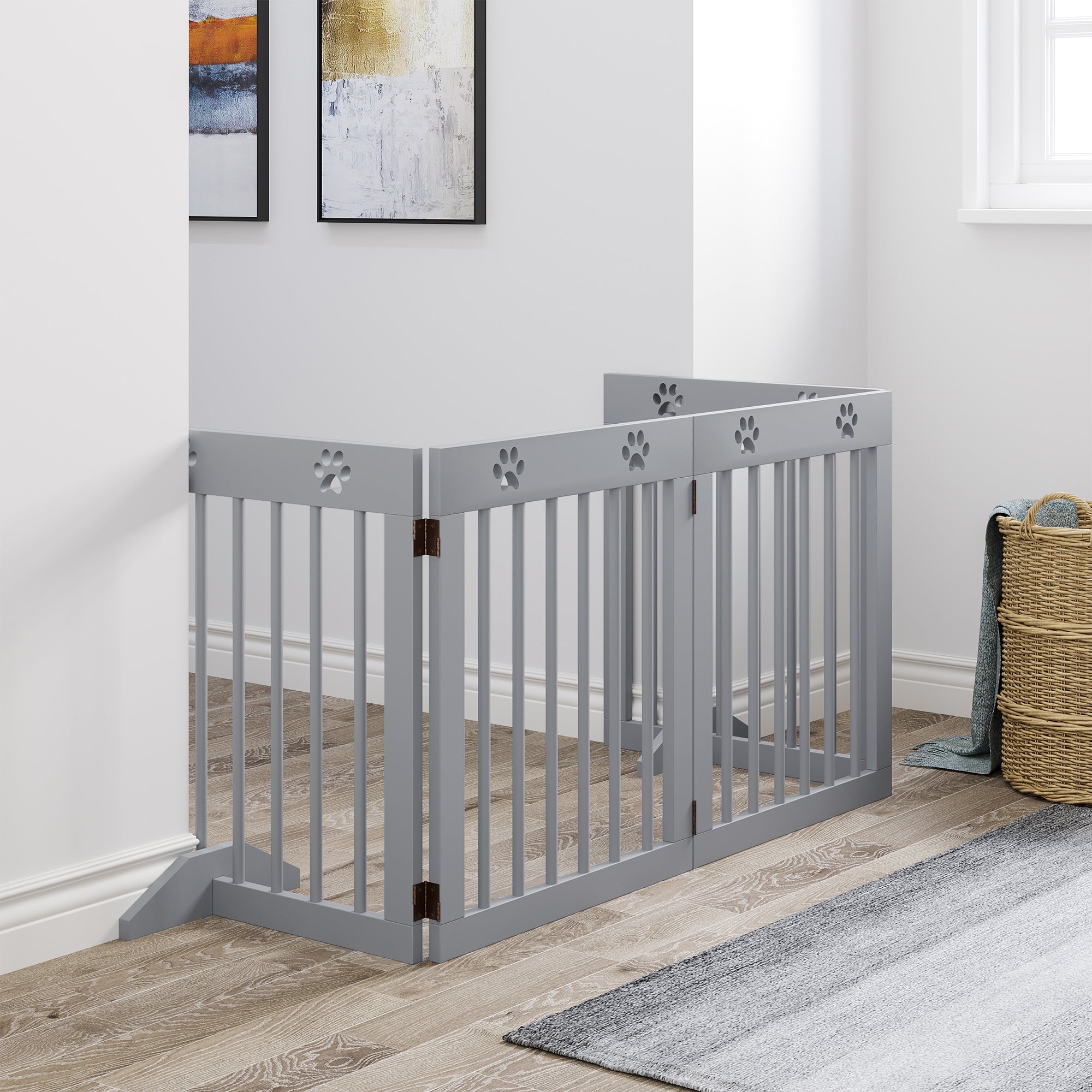 Freestanding Pet Gate 4 Panel Folding Wooden Dog Barrier w/ Support Feet