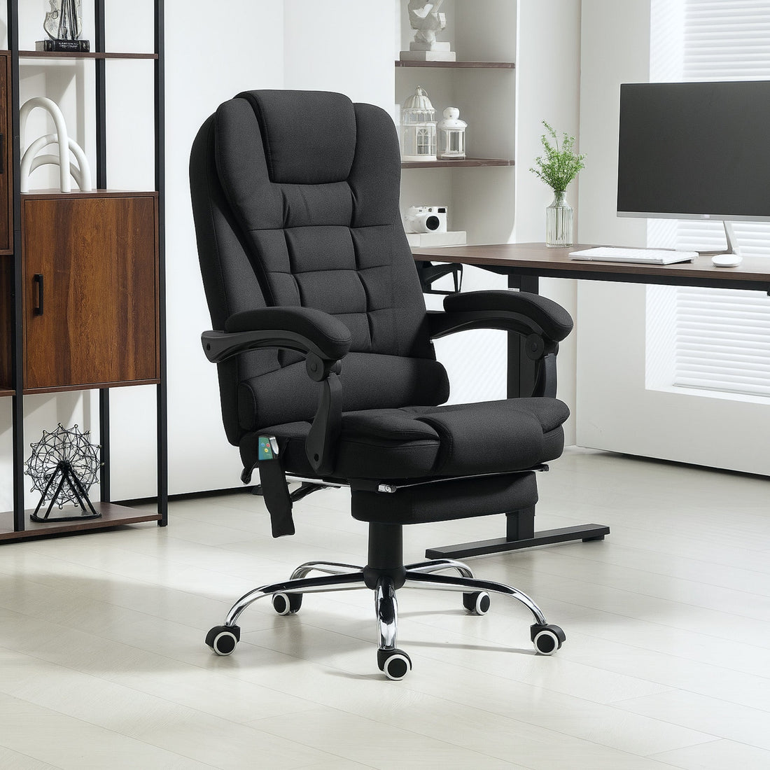 Office Chair with 6 Point Massage and Back Heat, Linen Desk Chair with Footrest Adjustable Height and Swivel Wheels, Back Reclining, Full Black