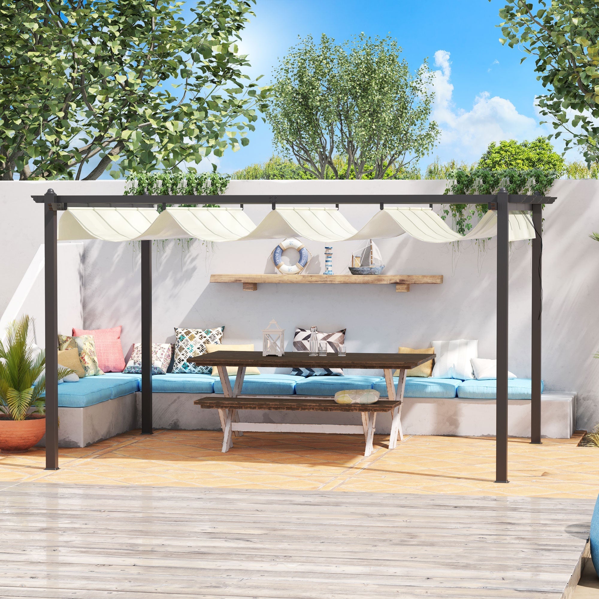 4 x 3(m) Aluminium Pergola with Retractable Roof, Garden Gazebo Canopy Shelter for Outdoor, Patio, Cream White