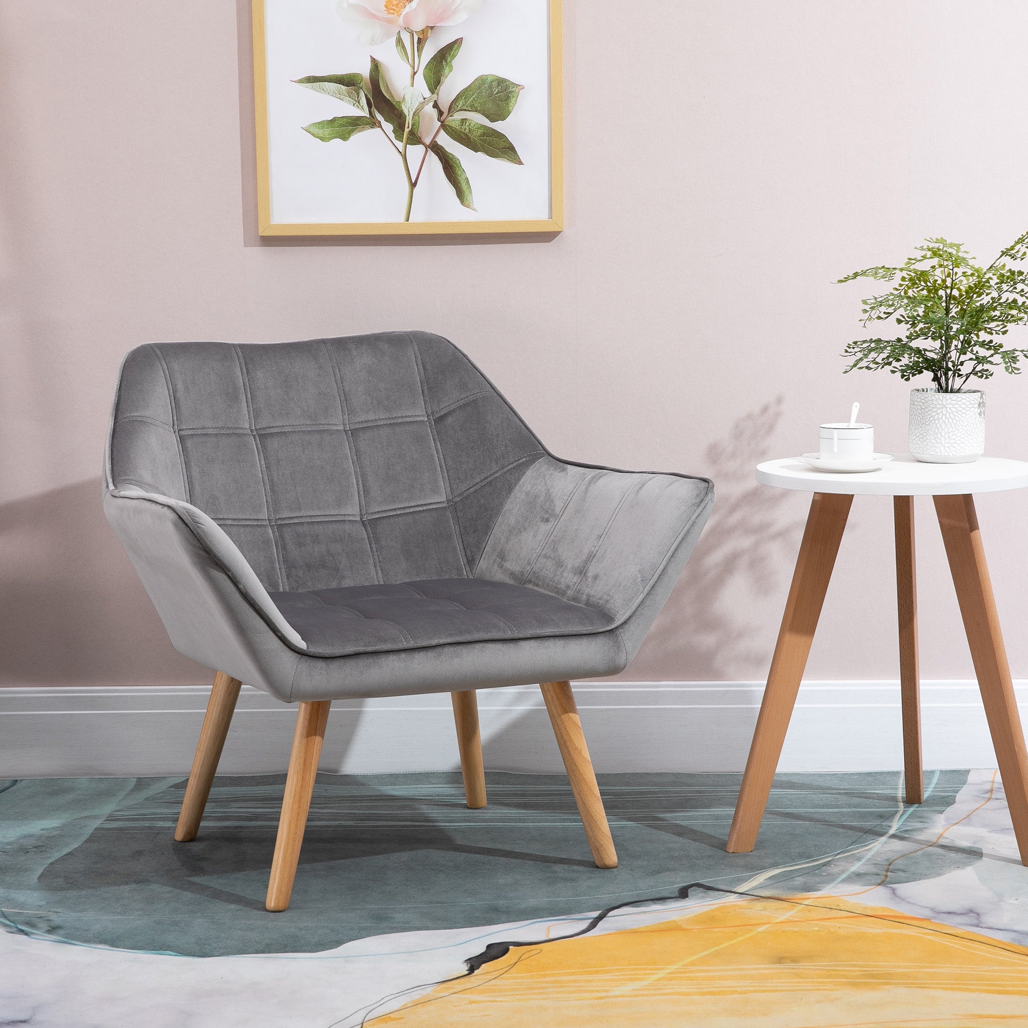 Armchair Accent Chair, Vanity Chair with Wide Arms, Slanted Back, Padding, Metal Frame, Wooden Legs, Home Bedroom Furniture Seating, Grey