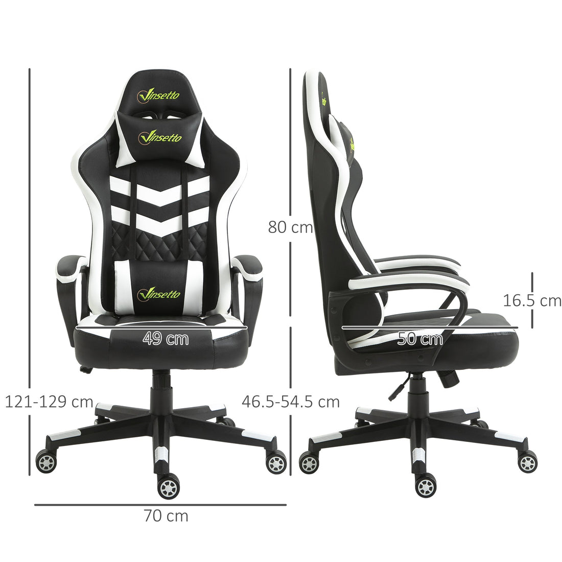 Gaming Chair, Computer Desk Chair with Lumbar Support, Faux Leather Racing Chair with Headrest and Swivel Wheels for Home Office, Black White