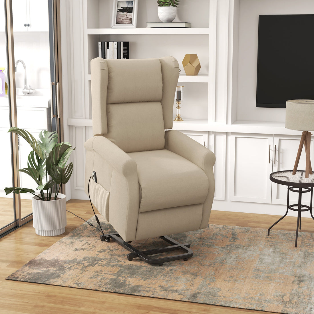 Power Lift Recliner Armchair, Electric Lift Chair for Elderly, Fabric Riser and Reclining Chair with Remote Control, Side Pockets, Extended Footrest, for Living Room, Beige