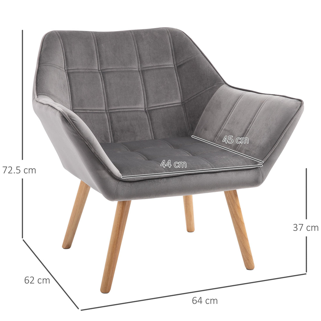 Armchair Accent Chair, Vanity Chair with Wide Arms, Slanted Back, Padding, Metal Frame, Wooden Legs, Home Bedroom Furniture Seating, Grey