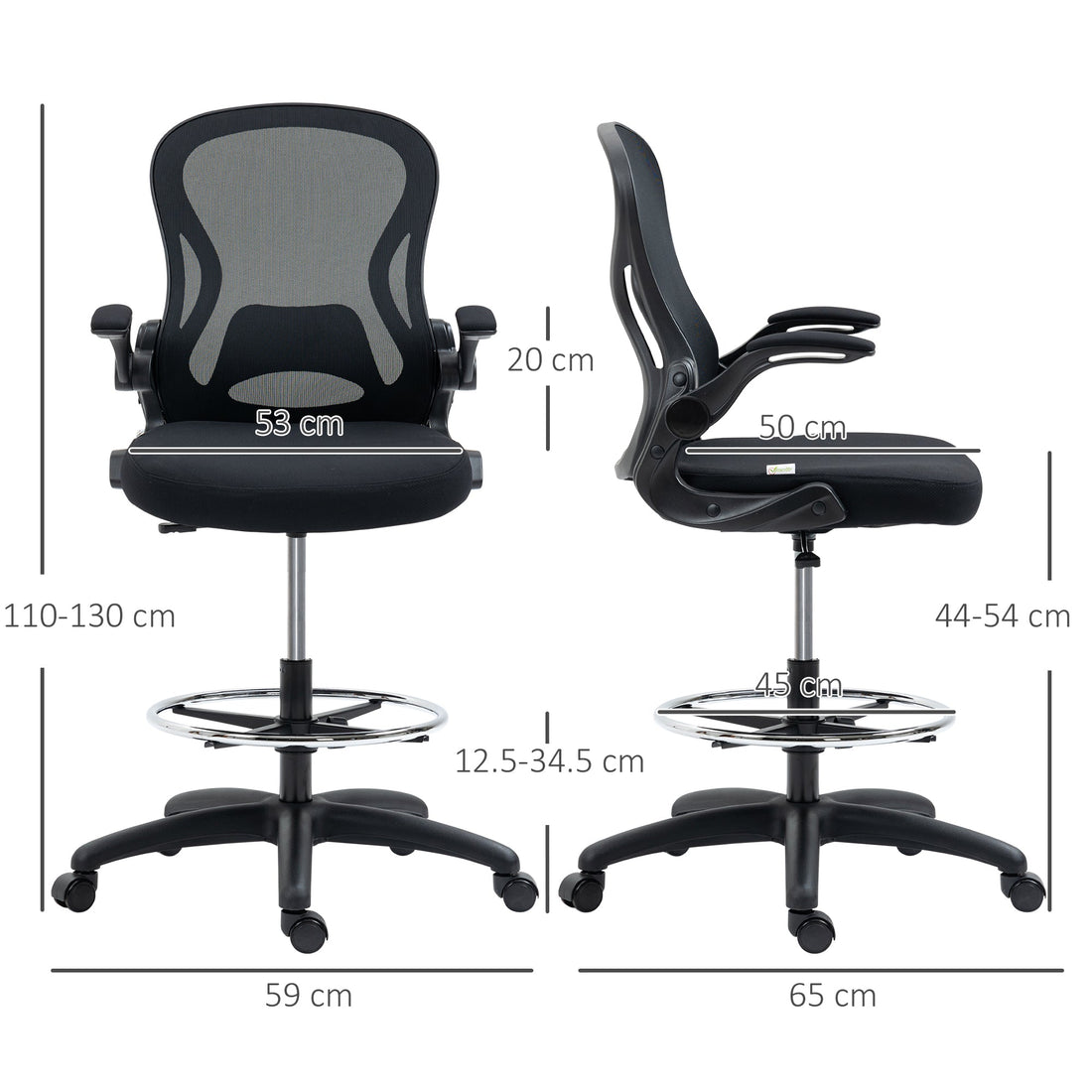 Adjustable Mesh Standing Desk Chair with Flip-up Armrests Lumbar Support Armrests Adjustable Footrest Ring Black
