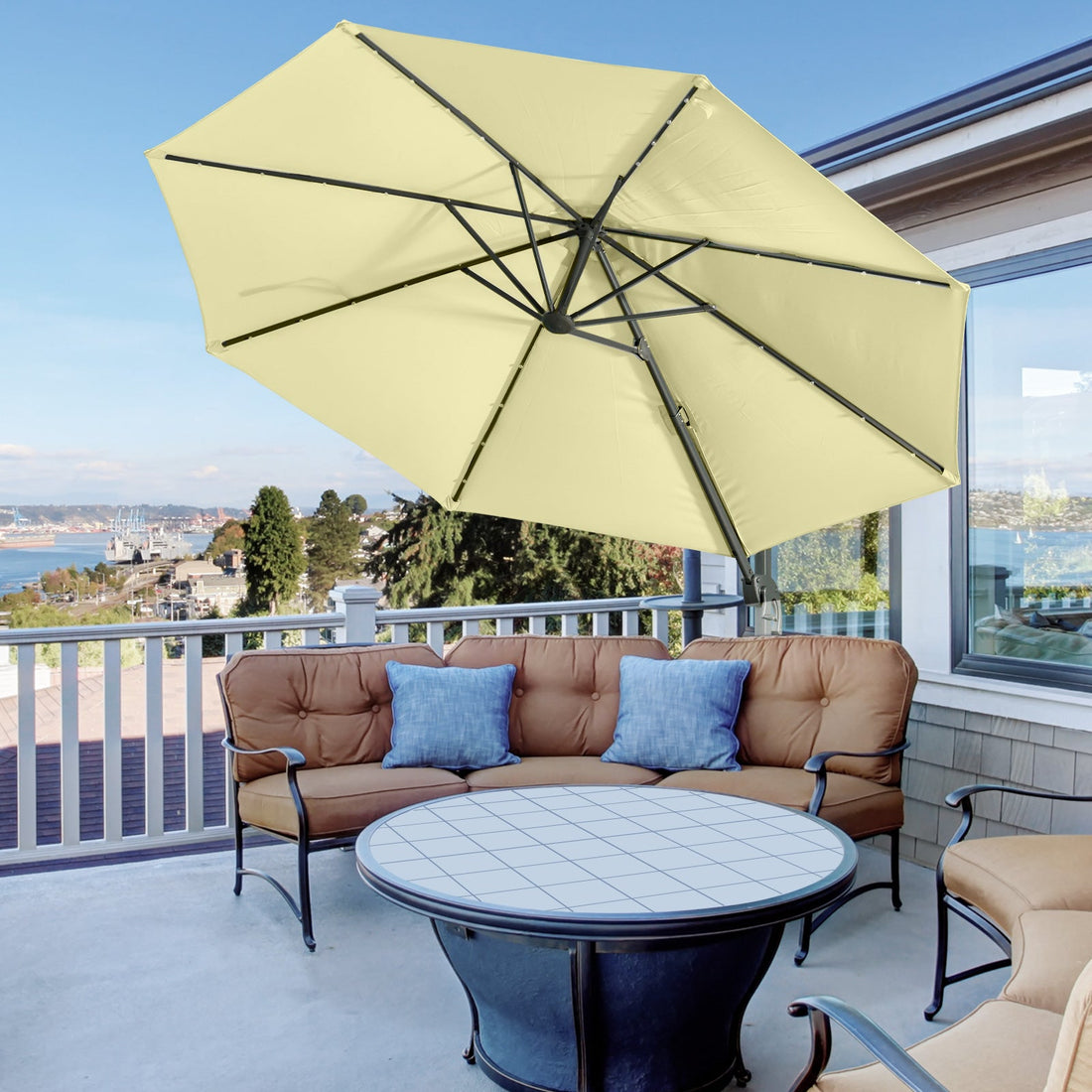 3(m) LED Cantilever Parasol Garden Sun Umbrella w/ Base and Solar Lights Beige
