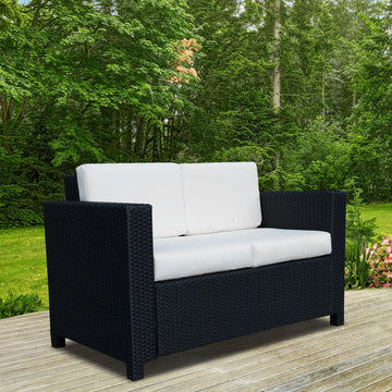 2 Seater Rattan Sofa with Soft Padded Cushion, All-Weather PE Wicker Weave Garden Loveseat with Armrests, Black
