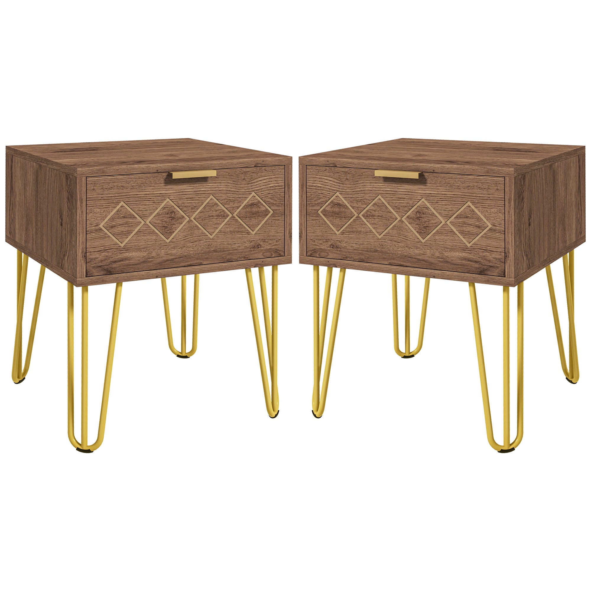 Bedside Table Set of 2 with Drawer, Wooden Nightstand, Modern Sofa Side Table with Gold Tone Metal Legs for Bedroom