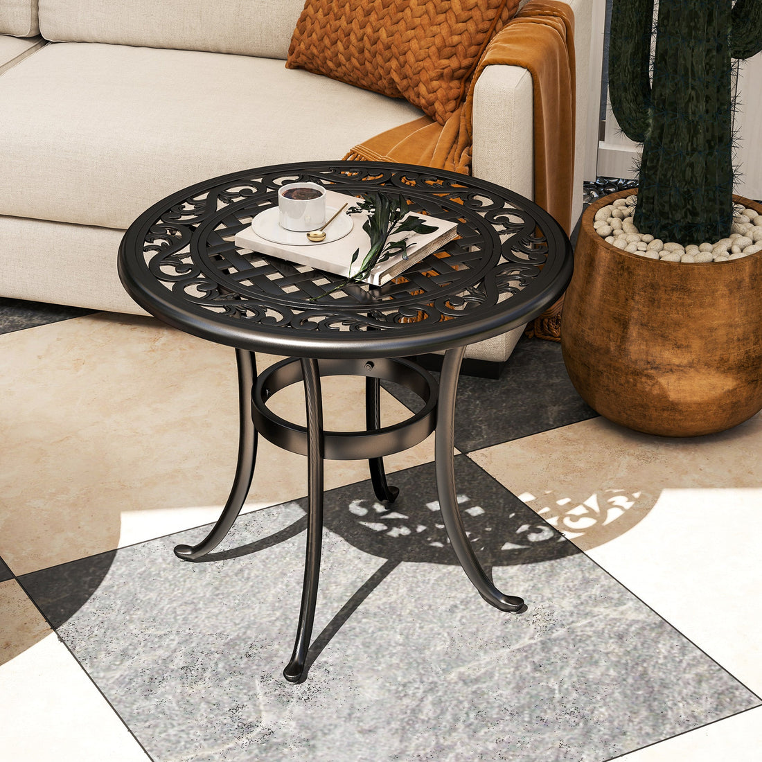 60cm Round Garden Table, Outdoor Hollow Top Design Side Table with Cast Aluminium Frame for Patio, Garden, Balcony, Black