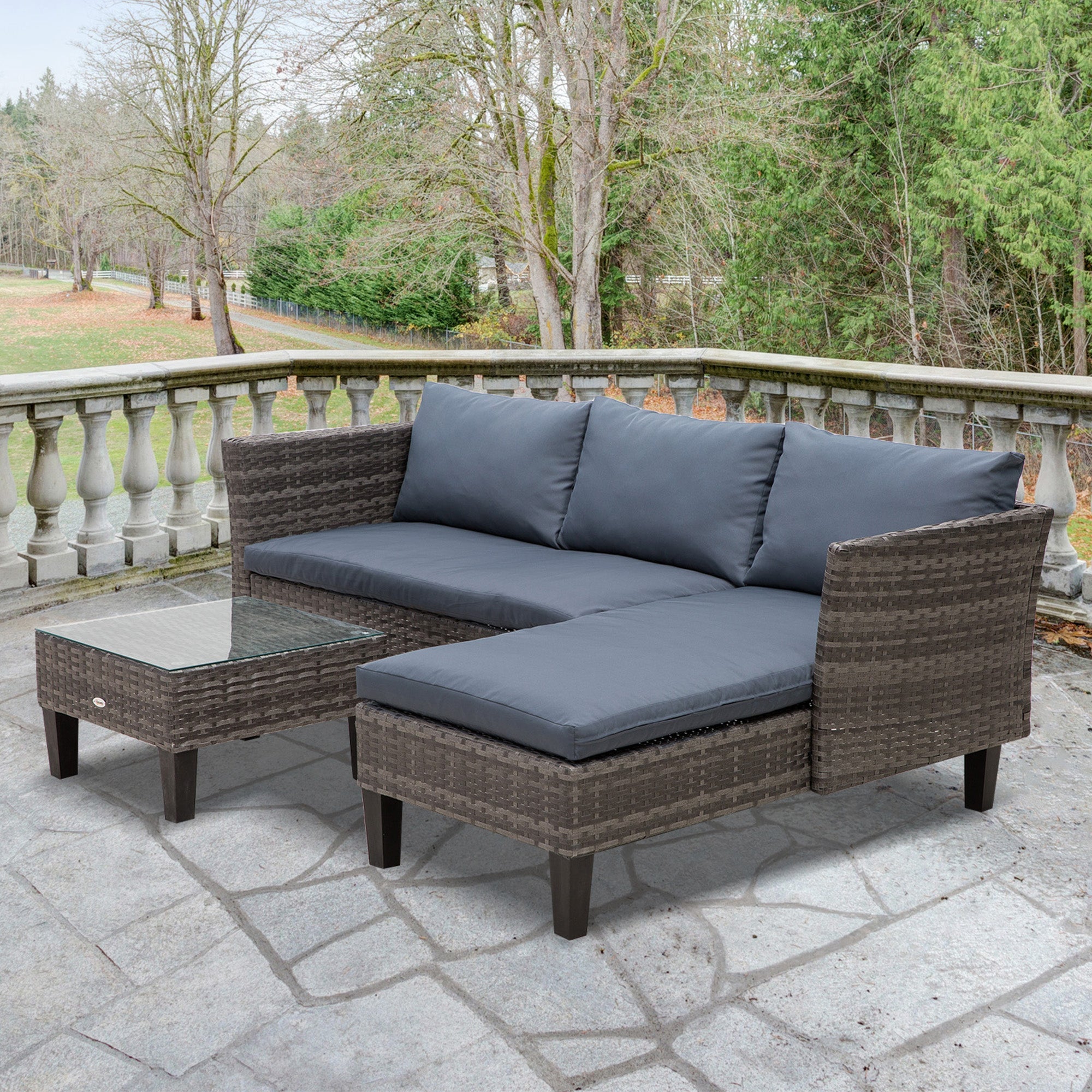 3 Pcs Garden Sofa PE Rattan Set w/ 2 Seats Square Glass Top Coffee Table Thick Cushions Solid Legs Metal Frame Patio Outdoor Balcony Patio L Corner Shape - Grey