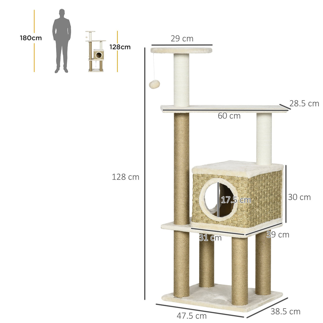 Cat Tree, with Scratching Post, Cat House & Hanging Toy Ball - Beige