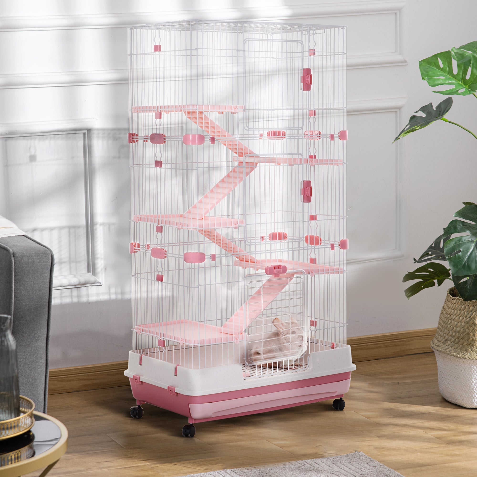 Six-Tier Small Animal Cage, for Bunnies, Ferrets, Chinchillas w/ Wheels, Tray - Pink