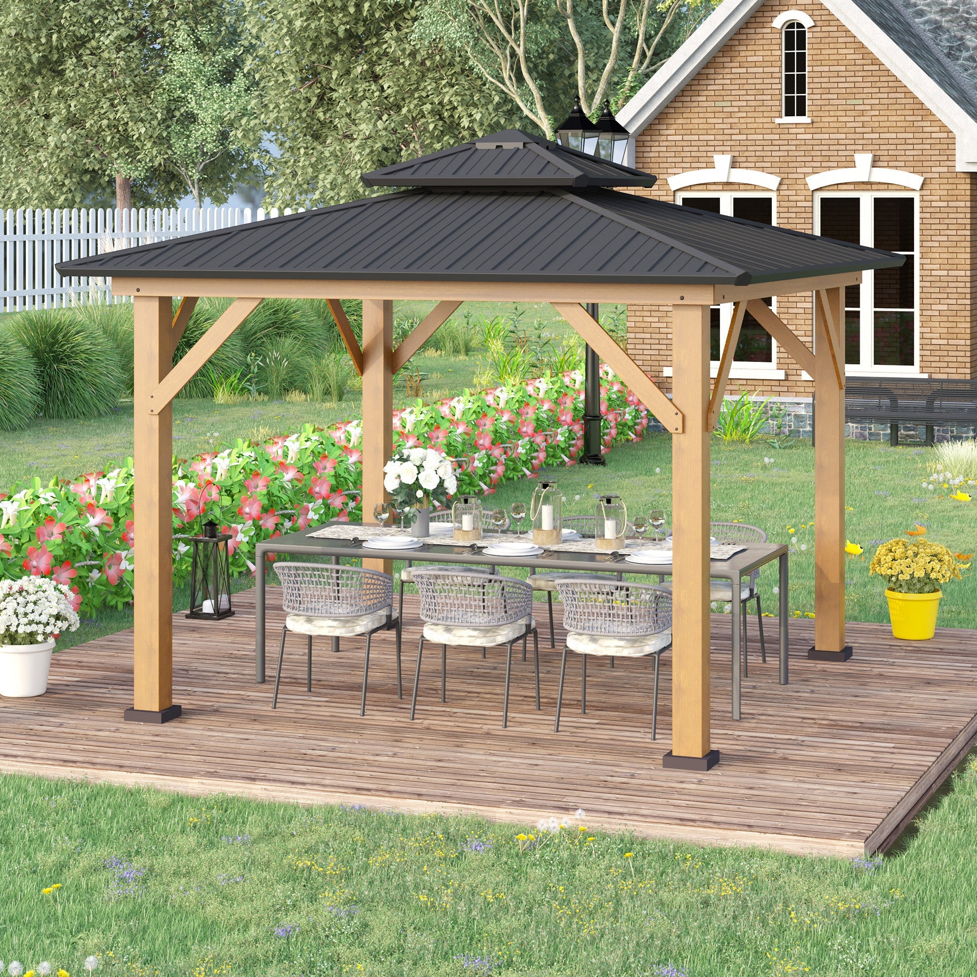 3.5 x 3.5m Outdoor Hardtop Gazebo Canopy with Two-tier Metal Roof and Solid Wood Frame Outdoor Patio Shelter for Patio, Garden, Grey