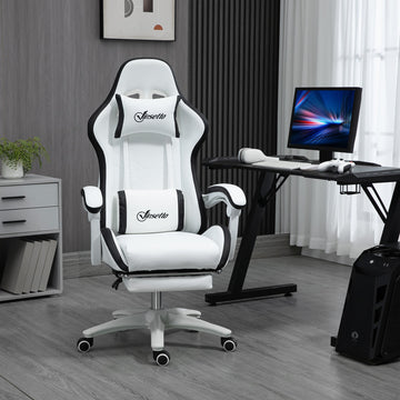 Computer Gaming Chair, PU Leather Desk Chair with Footrest, Swivel Task Chair with 135° Reclining Back and Lumbar Support, PC Chair for Adults, White and Black