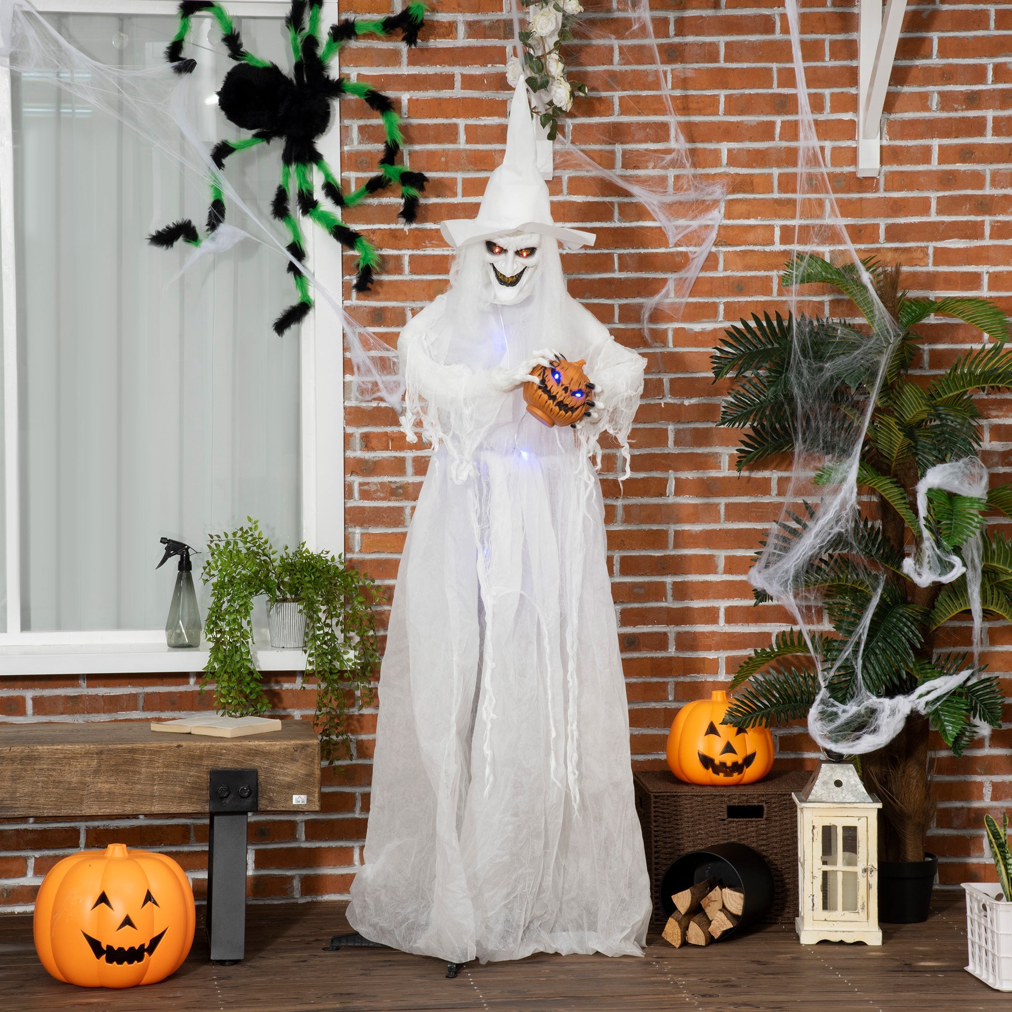 74 Inch Halloween Decorations White Witch Holding Pumpkin Head, Standing Skeleton Ghost Prop Life Size with Light Up Eyes and Body