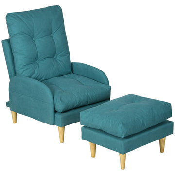 Upholstered Recliner Armchair with Footstool Set, Modern Button Tufted Accent Chair with Adjustable Backrest, Cushions, Wood Legs and Side Pockets for Living Room, Bedroom, Home Study, Blue