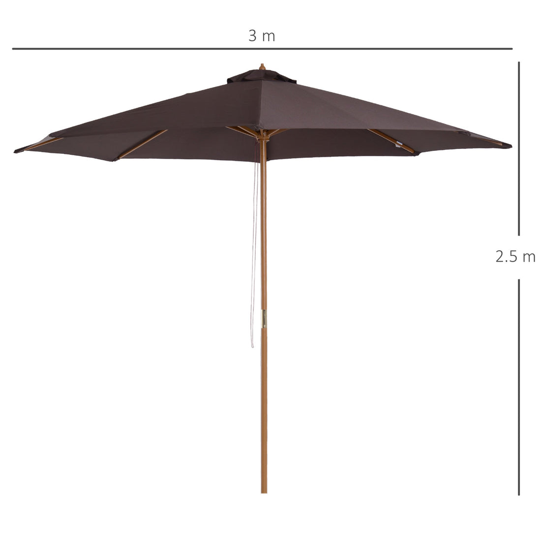 3(m) Garden Parasol, Pulley Operated Patio Umbrella, Wooden Parasol, Table Market Umbrella with Rope Pulley Mechanism and 8 Ribs, Coffee