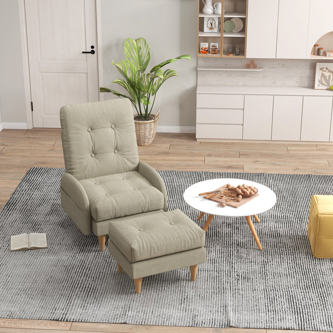 Upholstered Recliner Armchair with Footstool Set, Modern Button Tufted Accent Chair with Adjustable Backrest, Cushions, Wood Legs and Side Pockets for Living Room, Bedroom, Home Study, Beige