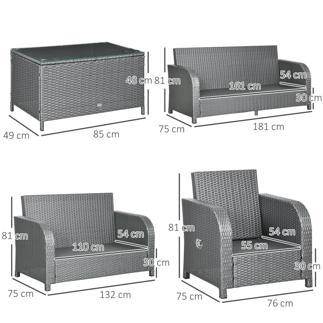 7 Seater Outdoor Rattan Garden Furniture Sets with Wicker Sofa, Reclining Armchair and Glass Table, 181x75x81cm, Grey