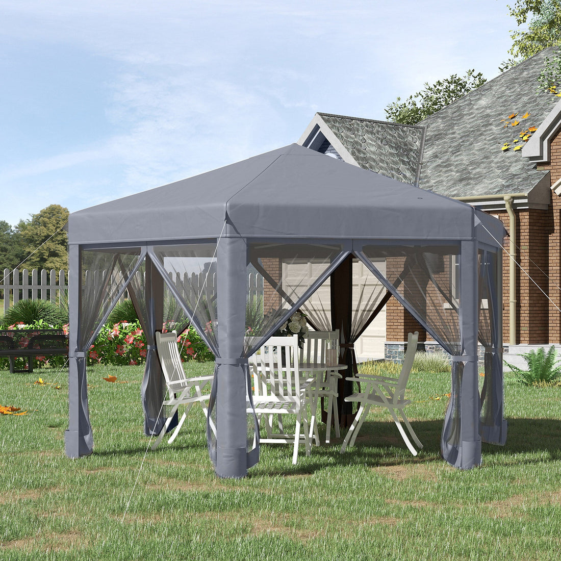 3.8m x 3.2m Pop Up Gazebo Hexagonal Canopy Tent Outdoor Sun Protection with 6 Mesh Sidewalls, Hand Bag, Grey