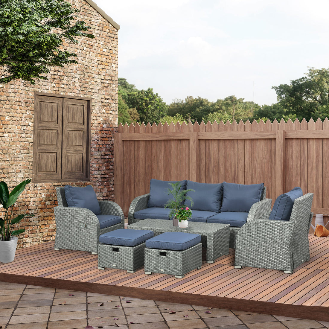 Six-piece Outdoor Rattan Dining Set, Outdoor Sofa Set with Reclining Armchairs and Mental Frame, Blue