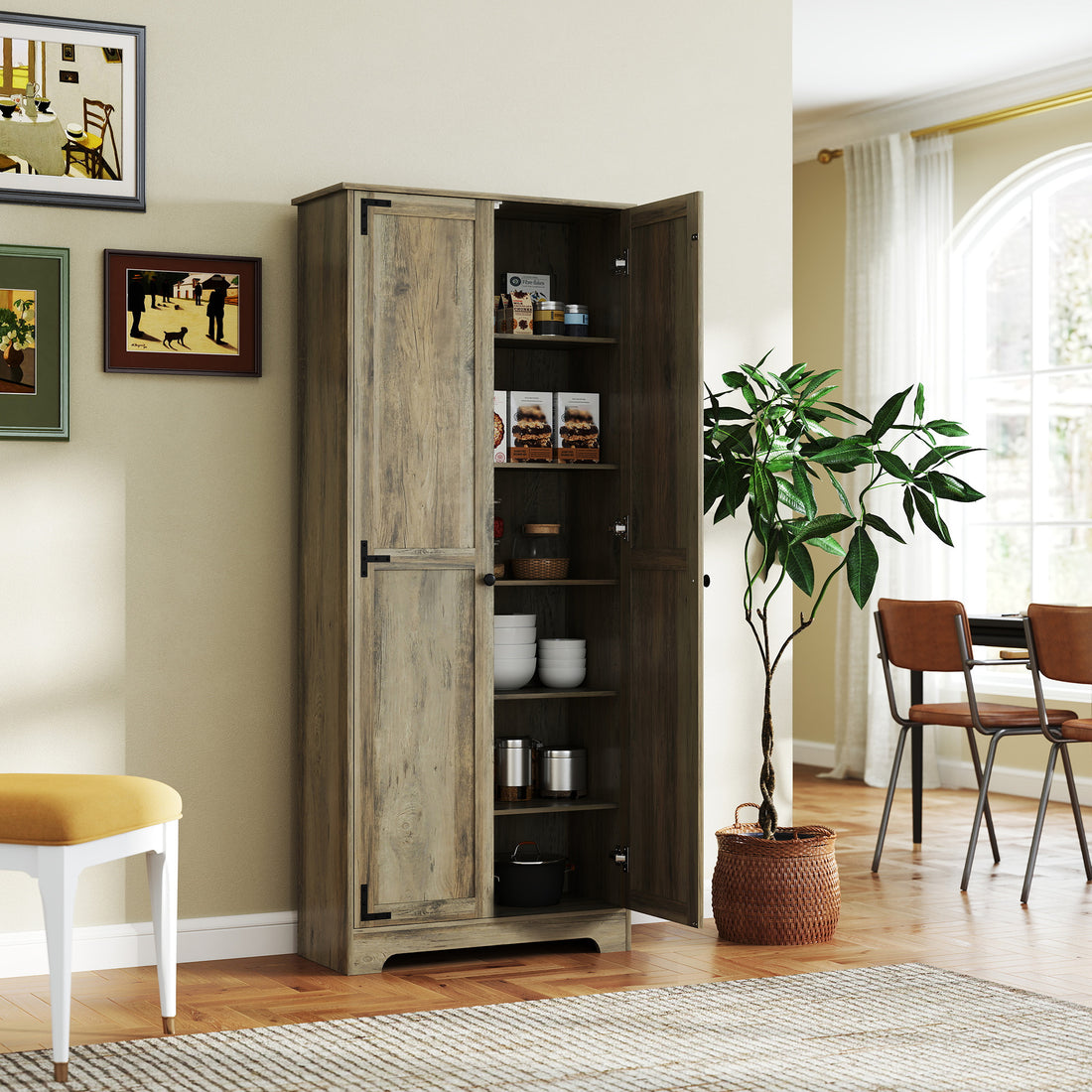 Farmhouse Kitchen Cupboard, Freestanding Kitchen Storage Cabinet with Adjustable Shelves, Tall Storage Cabinet with Recessed Doors, Grey Wood-Effect