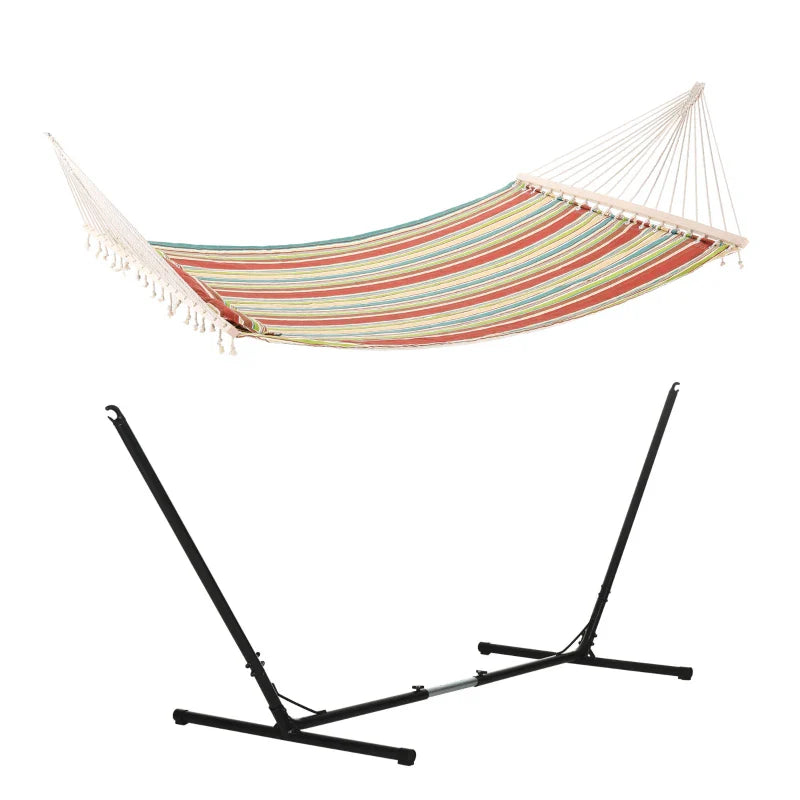 Outdoor Garden Hammock with Stand, Double Cotton Hammock with Adjustable Steel Frame, Swing Hanging Bed with Pillow, for Garden, Patio, Beach, Red Stripes